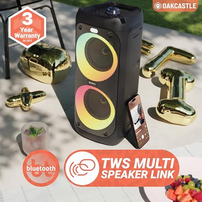 Portable Bluetooth Party Speaker | 80W Power & Rechargeable Battery up to 5H | Big Bluetooth Speaker 2.0 with Wired Microphone | Karaoke Mode, Party LED Lights & EQ Control | Oakcastle PS200