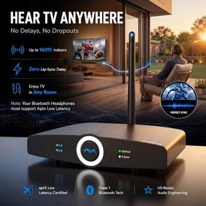 Long Range Bluetooth Audio Transmitter or Receiver for TV Home RTX 2.0 | TV PC stereo, Connect speakers, headphones & phones, aptX Low Latency, Optical RCA & 3.5mm, HD audio