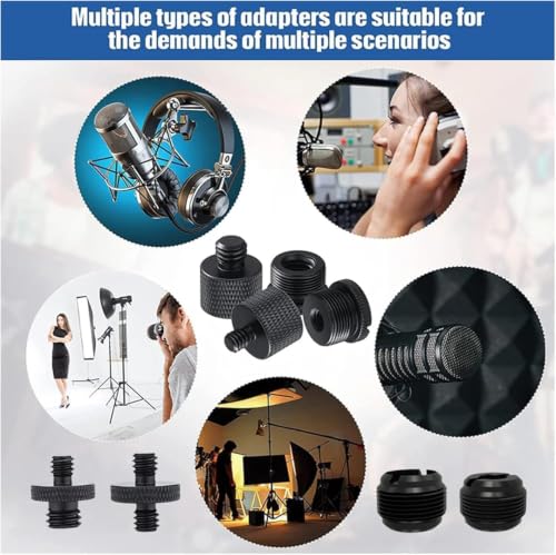 Microphone Mount Adapter Screw Set, 14 Pack, Black Aluminum Alloy, 3/8 Turn, 5/8 and 1/4 Thread, With Extension Tube, For Microphone Cantilever Camera Tripod Projector Stand, Fill Light