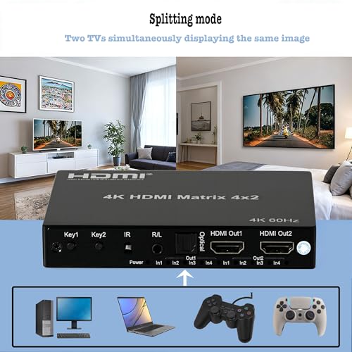 4K 4x2 HDMI Matrix Switch with 3.5mm Stereo Audio Extractor and Audio Optic Output, 4 in 2 Out Video Switcher&Splitter, Support HDMI 2.0 4K@60Hz
