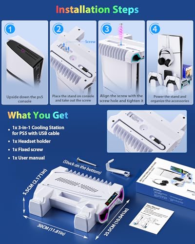 PS5/Slim/Pro Cooling Station and Controller Charging Station with LED Stand for PlayStation 5 Console - PS5 Controller Charger, Cooling Stand Accessory Kit-Cooler Fan/Headset Holder/3 USB Hub, White - color: White