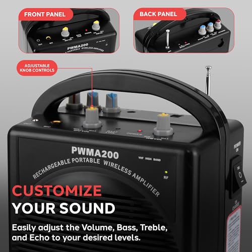 Pyle Portable PA Speaker & Microphone System - FM Stereo Radio, Built-in Rechargeable Battery, Aux & Microphone Inputs, Includes Beltpack, Hand-held Headset & Lavalier Mics - Black