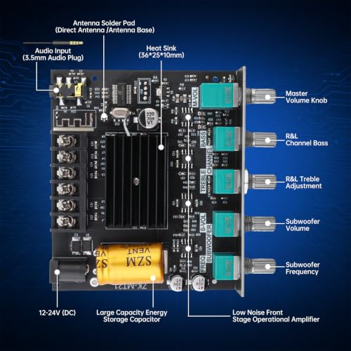 ZK-MT21 Bluetooth Power Amplifier Board 2.1 Channel 50W x 2 + 100W | Mini amp module. quickly connects. Fits car audio speakers/home theater. with bass,treble,subwoofer and volume control