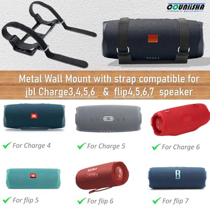 Metal Wall Mount compatible for jbl Charge 6/Charge 5/Flip 7/Flip 6 speaker | secure shelf holder with adjustable leather straps for charge 4/flip 5,underdesk Bracket for Ceiling/boat/bike/jet ski,black