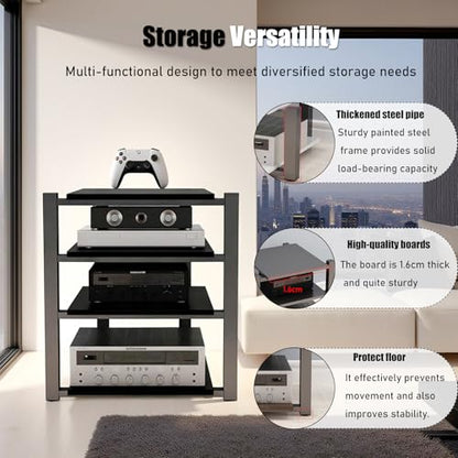 Heavy Duty Audio Rack Tower, Av Media Player Stand with Wooden Shelves, Black Cd Stereo Equipment Cabinet, Suitable for Home,Office/Audio Video/Theate (Black, 4 Tier) - size: 4 Tier
