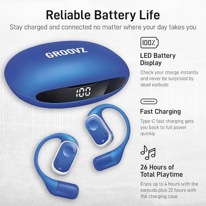 Groovz Open-Ear True Wireless Headphones with Smart Battery Display - Designed and Engineered in the USA - IPX5-Rated Bluetooth Open Ear Earbuds Compatible with Apple & Android - Classic Blue
