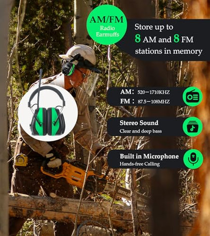 Digital AM FM Radio Headphones, Hearing Protection Earmuff for Adult, 30dB SNR for Mowing, Construction, Chainsaw - color: Am Fm Radio + Battery + Green