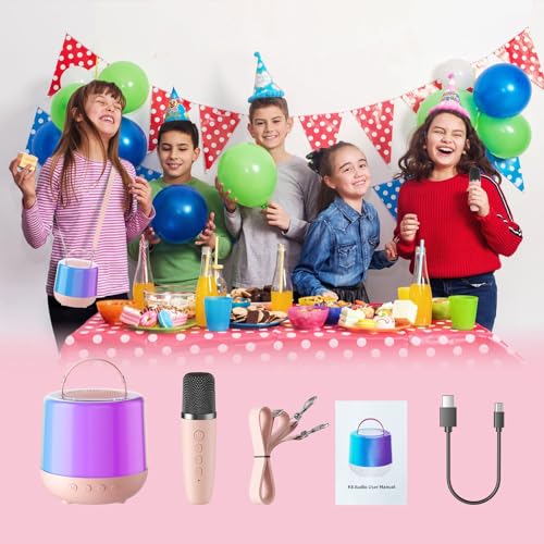 Karaoke Machine for Kids, Portable Bluetooth Speaker with Wireless Microphone & LED Lights, Magic Voice Effects, for Girls Christmas Home Party (Baby Pink) - color: Baby Pink
