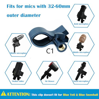 2 Pack KayNicam Universal Microphone Clip Holder for Dynamic & Condenser Mics - Adjustable Mic Clamp for 0.6" to 2.4" Diameter (1.5-6cm) - Includes 5/8", 3/8", 1/4" Metal Threads. - color: Black(C1+C2)