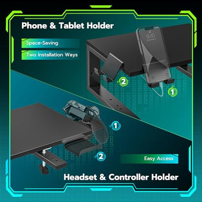 ARES WING Clamp-On 15" 3-in-1 Heavy Duty Desk Shelf Extender Black | Phone Headset holder Clamp Desk Extender Shelf,Desktop Organizer for Gaming and Office Accessories - size: 15“, style: with hooks