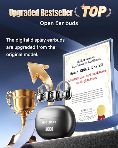 King Lucky Clip-On Earbuds Gen 3, Open-Ear Wireless Bluetooth 6.0 Headphones with Mic, Secure Fit for Small Ears & Glasses Wearers, 50H Playtime, LED Digital Display, ENC, IPX5 Waterproof(Balck) - color: Black, size: Digital Display
