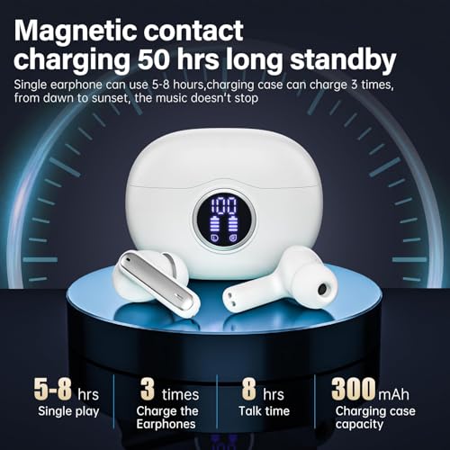 Wireless Earbuds, Bluetooth 5.3 Headphones HiFi Stereo 50H Playback LED Digital Display Ear Buds with ENC Noise Canceling Headset, IPX7 Waterproof Earphones for Gym/Running/Work（White） - color: White