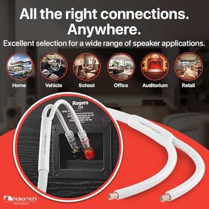 Nakamichi 24k Gold Plated Banana Plugs with 14 AWG Speaker Cable 99.9% OFC | Oxygen-Free Copper, Excel Series, Heavy Duty Braided for Amplifier Receiver Hi-Fi Stereo Audio Wire - White (10 feet / 3.0m) - color: White (14 AWG), size: 10-Feet (3.0m)