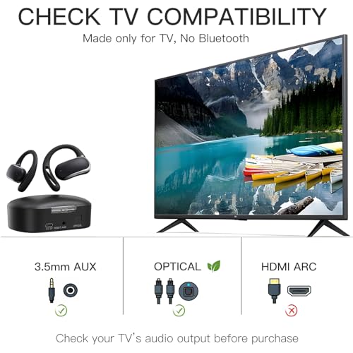 2.4GHz Wireless TV Headphones for Seniors, Open-Ear Hook Design for All-Day Comfort, Plug-and-Play (No Bluetooth), Low Latency, 50ft Range, Charging Case Transmitter with Optical & 3.5mm AUX Cables