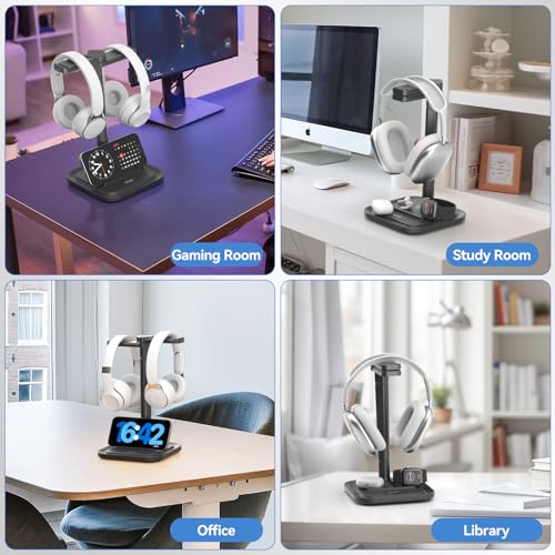 KDD Dual Headphone Stand for Desk - Rotatable Headset Hanger with Phone Holder - Removable Non-Slip Base for Gamers Desktop Accessories