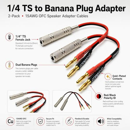 1/4 TS to Banana Plug Speaker Cable 2-Pack, 15AWG Gold-Plated OFC Flexible Silicone, for Marshall Fender QSC JBL Yamaha Guitar Amp Studio Monitor PA System