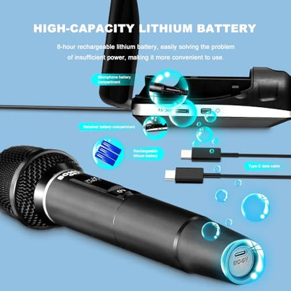 BOMGE Wireless Microphone, Professional Dual Handheld Rechargeable Wireless Microphones, 656FT Range Receiving, Less Latency Karaoke Microphone for Singing, Speech, Party (G86-2ch)