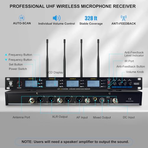 PRORECK UK-4000 UHF 4 Channel Wireless Microphone System with Four Handheld Microphone, 500 Selectable Frequency Range, Perfect for Home Karaoke/smallgatherings (UK-4000)