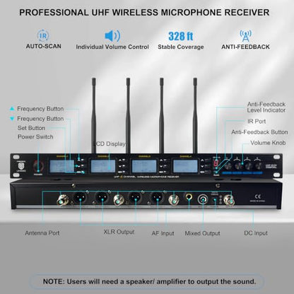 PRORECK UK-4000 UHF 4 Channel Wireless Microphone System with Four Handheld Microphone, 500 Selectable Frequency Range, Perfect for Home Karaoke/smallgatherings (UK-4000)