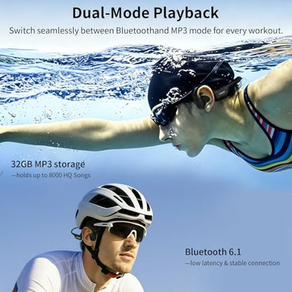 LOBKIN Bone Conduction & Air Conduction Headphones, IP68 Swimming Headphones, 32GB MP3 Open Ear Wireless Headphones with Bluetooth 6.1, ENC Noise Reduction for Swimming Sports Fitness