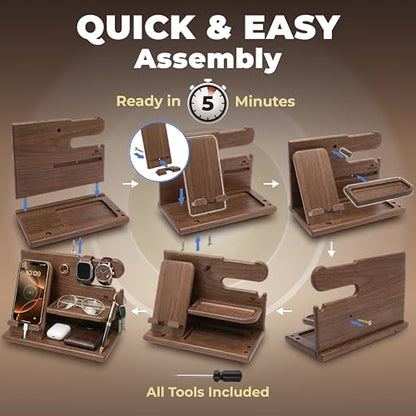 TESLYAR Wood Phone Docking Station for Men - Desk or Nightstand Organizer - Birthday Gifts for Husband or Dad - Anniversary Idea from Wife - Key Holder, Stand Wallet, Watch & Essentials (Earth Beige) | Mens Bedside Organiser with Key Holder, Wallet & Watc