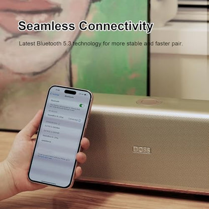 DOSS SoundBox Ultra Bluetooth Speaker, 2.1 Channel Audio, Deep Bass - Gold | 80W Powerful Sound, Wood-Grain Design, Dual DSP Tech, 18H Playtime, Elegant Living Room Decor, BT 5.3, Home & Office use - color: Gold