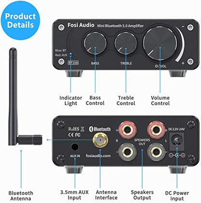 Fosi Audio BT10A Bluetooth 5.0 Stereo Audio Amplifier Receiver 2 Channel Class D Mini Hi-Fi Integrated Amp for Home Passive Speakers 50W x 2 TPA3116
