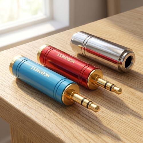 MOBOREST 3.5mm ~ 1/4인치(6.35mm) 헤드폰 어댑터, 퓨어 코퍼, 1블루+1레드 | 1/8 ~ 1/4 Aux 컨버터, 기타 앰프, 믹서, 스튜디오, 홈 시어터 및 라이브 무대 사용을 위한 솔리드 황동 6.35mm 헤드셋 어댑터 - color: 레드 1+블루 1개