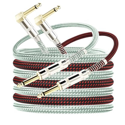 OTraki 10ft Guitar Cable 2 Pack Electric Guitar Chord Instrument Cable Quarter Inch L Shaped Guitar Cable Straight to Right Angle Gold Plated Plug for Bass Amp Keyboard Red & Green | 1/4 Inch L Shaped Guitar Cable Straight to Right Angle Gold Plated Plug
