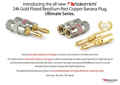 Nakamichi Ultimate Series 24k Gold Plated Beryllium Red Copper Banana Plug 12 AWG - 18 AWG Gauge Size 4mm for Speakers Amplifier Hi-Fi Stereo Receiver Audio Wire Cable Connector 2 Pcs (1-Pair) - size: 2 Pcs (1-Pair)