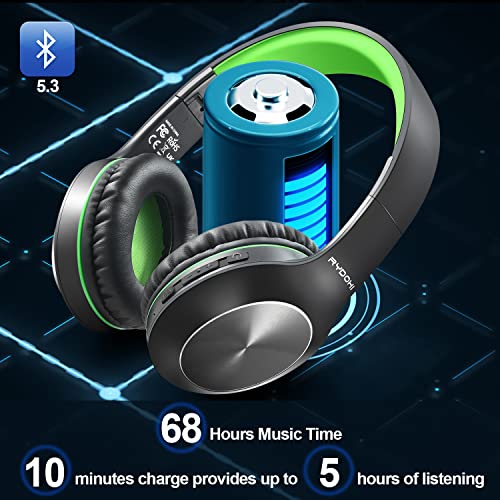 Rydohi Bluetooth Headphones Over Ear, 68H Playtime 3 EQ Music Modes Wireless Headphones with Microphone/Deep Bass, HiFi Stereo Foldable Headset for PC Home Travel Office (Black Green) - color: Black Green