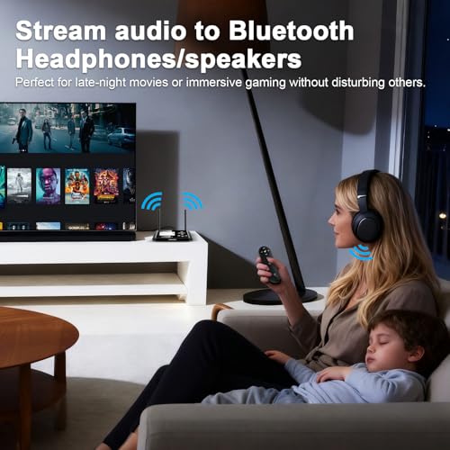 Bluetooth Transmitter for TV, HDMI/AUX/RCA/Optical Inputs/Outputs | Wireless Audio Adapter with aptX LL, Screen Display, Dual Link for TV, PC, Bluetooth Speakers, Headphones with Remote Control