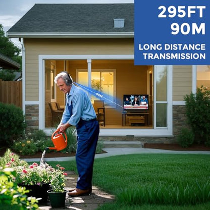 Wireless TV Headphones with Transmitterfor Seniors,Optical,RCA,AUX,USB,BK | 2.4GHz wireless TV headphones with 22ms low delay,dual-link phone sync,individual volume control,and universal compatibility.