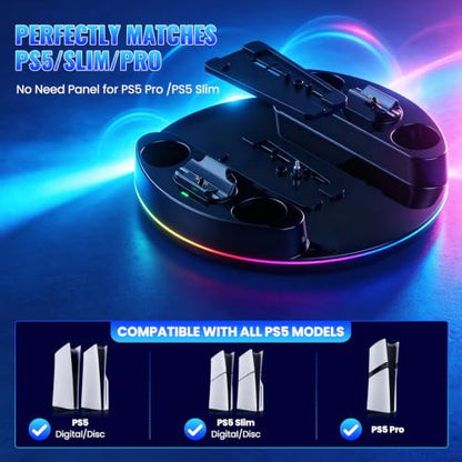 NEWDERY for PS5/Slim/Pro Console Stand with Controller Charger | Charging Station for PS5 Controllers, Adjustable RGB Light, for PS5 Controller Charger Stand, Black - color: Black
