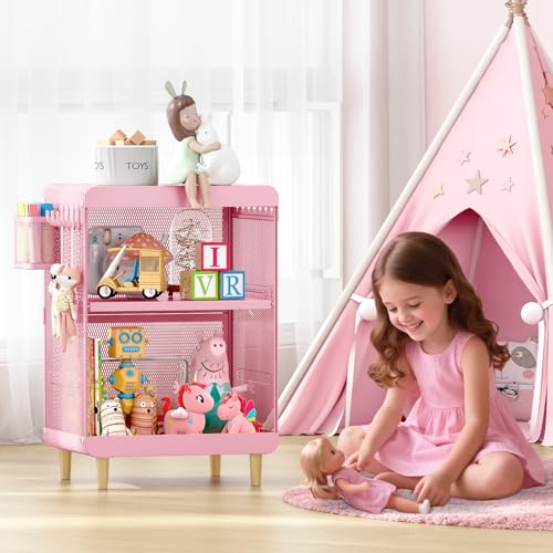 SYKIARIOL Kids Nightstand for Girls, 3-Tier Storage Shelf, Pink | Metal Bedside Table with 4 Hooks & Hanging Basket, Toddler Night Stand for Bedroom - color: Classic Pink