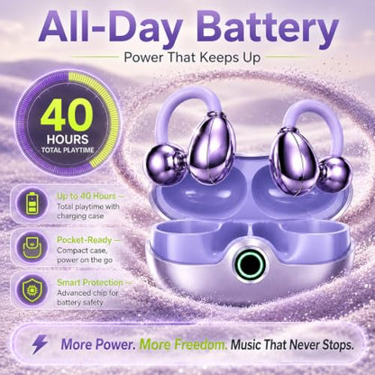 OpenEarRing Open Ear Headphones, Open Ear Earbuds, Clip-On Wireless Earbuds with Bluetooth 6.0, Built-in Mic, 40H Playtime, Lightweight Secure Fit Earbuds for Running, Sports, Workout, purple earbuds