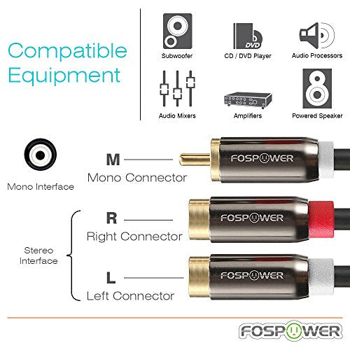 FosPower Y Adapter [8 inch] 1 RCA (Male) to 2 RCA (Female) Stereo Audio Y Adapter Subwoofer Cable [24k Gold Plated] 1 Male to 2 Female Y Splitter Connectors Extension Cord | Dual-shielded RCA Y-splitter cable (1 RCA male to 2 RCA female) with 24K gold con