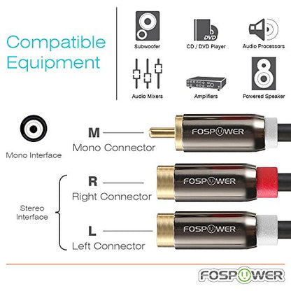 FosPower Y Adapter [8 inch] 1 RCA (Male) to 2 RCA (Female) Stereo Audio Y Adapter Subwoofer Cable [24k Gold Plated] 1 Male to 2 Female Y Splitter Connectors Extension Cord | Dual-shielded RCA Y-splitter cable (1 RCA male to 2 RCA female) with 24K gold con