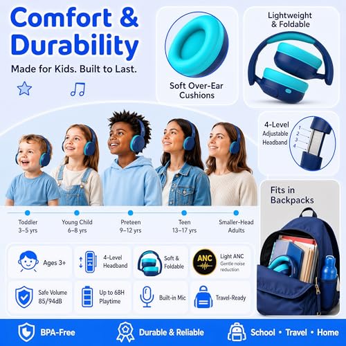 Kids Bluetooth Headphones Wireless,ANC,68H,Safe Volume Limit 85/94dB Blue | Adjustable Headband Foldable Over-Ear for Toddler Girls Boys Tablet/iPad,HD Stereo,Built-in Mic - color: Prussian Blue