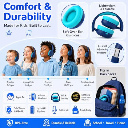 Kids Bluetooth Headphones Wireless,ANC,68H,Safe Volume Limit 85/94dB Blue | Adjustable Headband Foldable Over-Ear for Toddler Girls Boys Tablet/iPad,HD Stereo,Built-in Mic - color: Prussian Blue