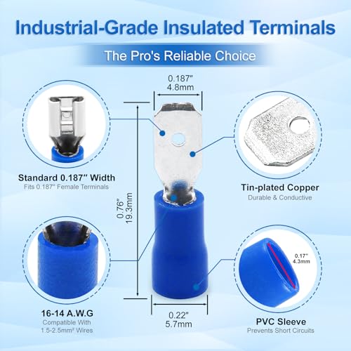 Baomain 100-Pack 0.187" Male Quick Disconnect Spade Connectors,16-14 AWG,4.8mm (3/16 Inch), Insulated Terminals Blue - size: Male