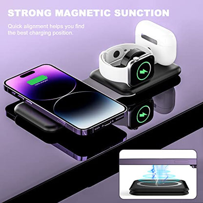 3 in 1 Wireless Charger, Foldable Magnetic Charging Station, Fast Travel Wireless Charging Pad for Multiple Apple Devices - color: Black