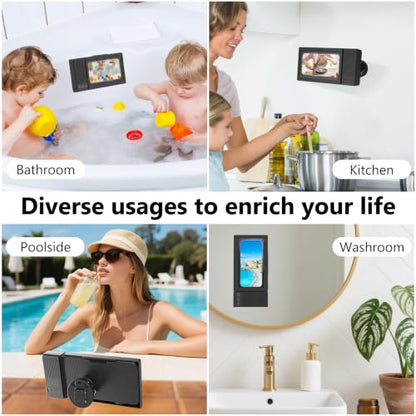 Shower Phone Holder with Wireless Bluetooth Speaker,- 480°Rotatable Retractable Adjustable Shower iPhone Case, Bathroom Wall Phone Stand Water Proof Anti Fog,Accessories for 4-7"Cellphones (Black)