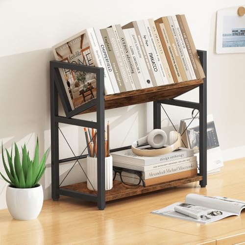 ELITEROO Desktop Bookshelf, 2 Tier Desk Shelf Organizer, Wooden Tabletop Bookcase, Small Desk Top Book Rack for Office, Home, Bedroom, Small Space Storage and Display, Rustic Brown - color: Rustic Brown