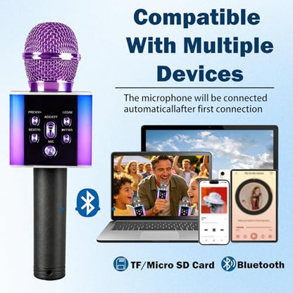 Wireless Bluetooth Karaoke Microphone for Kids & Adults, Singing Mic with Disco Lights, Voice Changer, Built-in Speaker, Portable Karaoke Player for Party & Travel Gifts(Purple) - color: purple