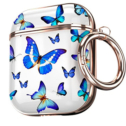 Maxjoy for AirPods Case, Cute AirPod Case Protective Hard AirPod 2 Gen Cover for Women Men with Keychain for AirPods 2nd 1st Generation Charging Cover 2&1, Blue Butterfly - color: Blue + White