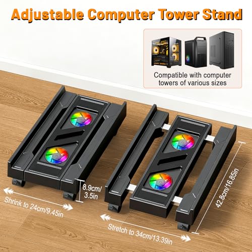 Mobile CPU Stand Adjustable Computer Tower Stand Fits Most PC | CPU Holder with Cooling Fan and 4 Caster Wheels , Adjustable Width Under Desk PC Floor Stand for Office, Home and Classroom