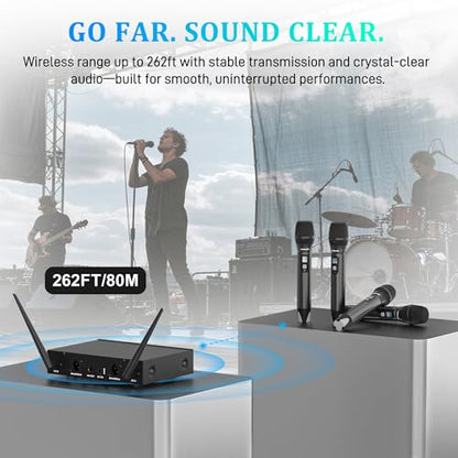 4 Channel Wireless Microphone System with Metal Receiver, 4 Handheld Mics, Independent Volume Control, 262ft Range, UHF Karaoke Mic Set for Home Party, Classroom, Church, Wedding, Events