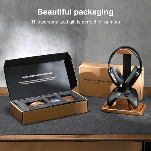 UPERGO Walnut Headphone Stand with Controller Holder & Storage Base