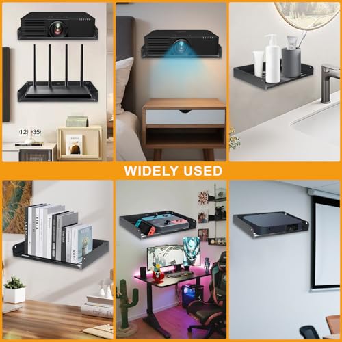 Metal Floating Shelf 12" x 8", 2 Pack Projector Shelf Wall Mounted WiFi Router Shelf for TV Components Speakers Game Console DVD Player